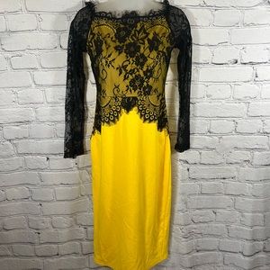 Size Small 4 Like New Bright Yellow Black Lace Long Sleeve Below Knee Dress